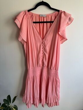 Ramy Brook Silk Feel Coral Pink Mini Dress Ruffle Sleeve Smocked Waist